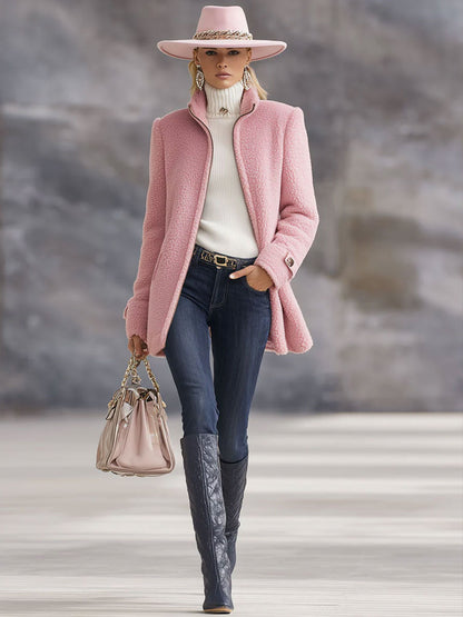 Casual Vintage Pink Polar Fleece Zip-Up Jacket Coat