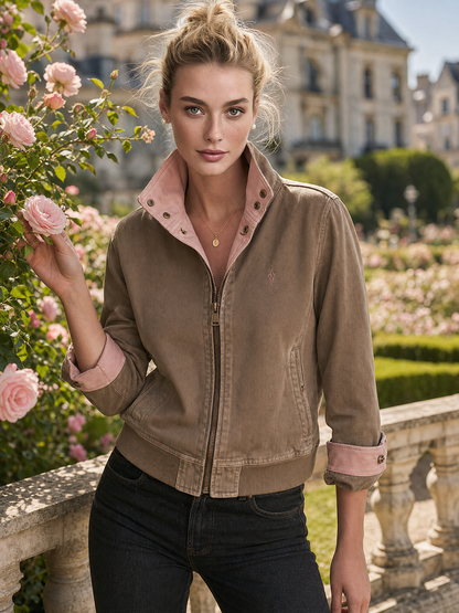 Brown Washed Bomber Jacket With Pink Contrast Collar