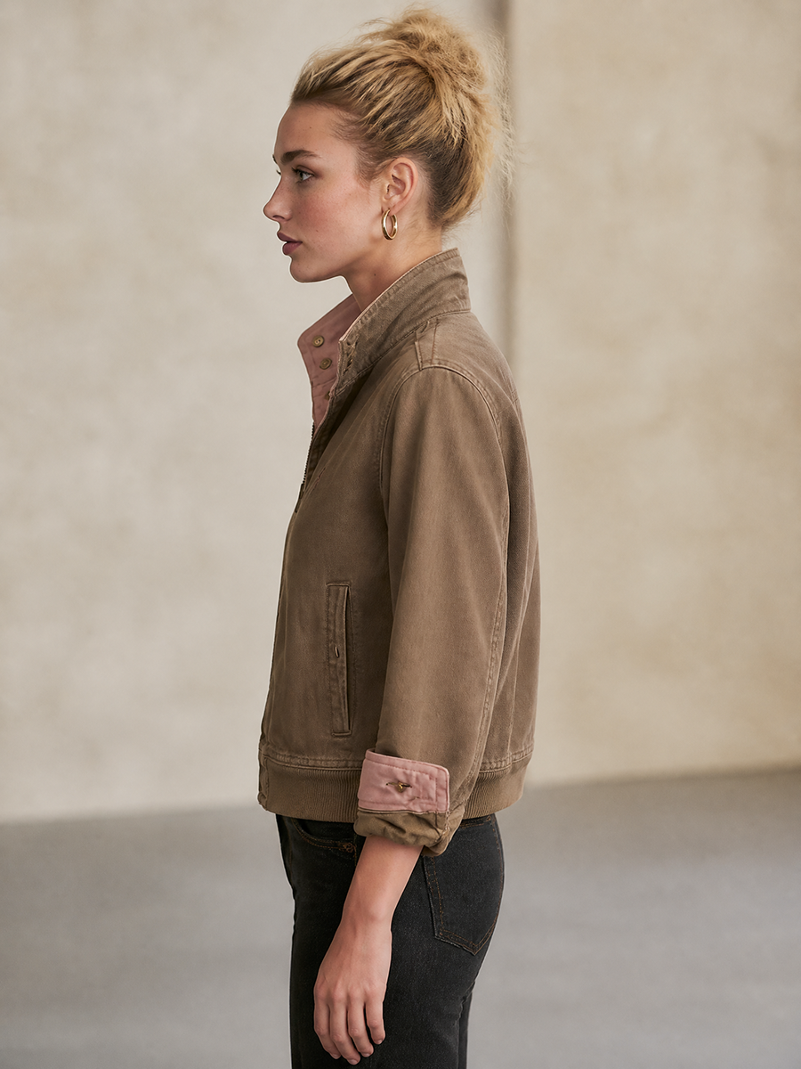 Brown Washed Bomber Jacket With Pink Contrast Collar
