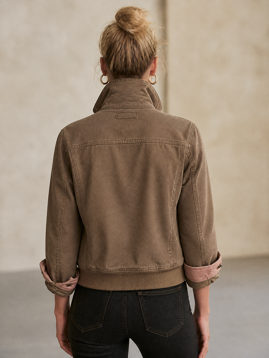Brown Washed Bomber Jacket With Pink Contrast Collar