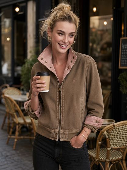 Brown Washed Bomber Jacket With Pink Contrast Collar