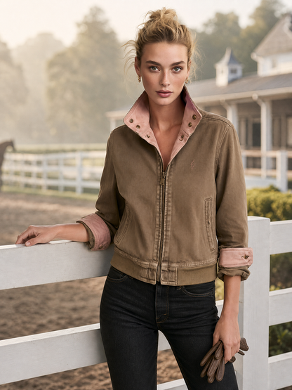 Brown Washed Bomber Jacket With Pink Contrast Collar