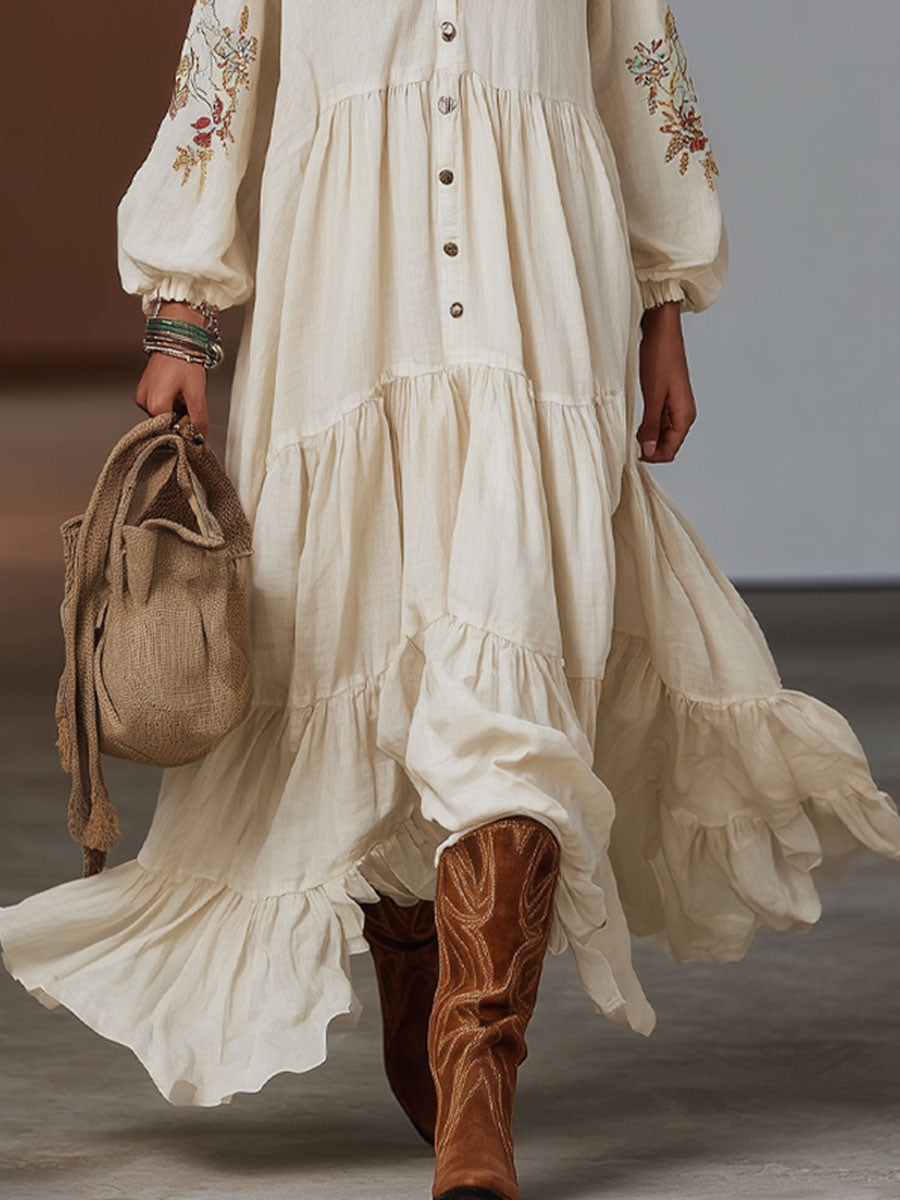 Bohemian Style Loose Floral Embroidered Cotton And Linen Maxi Dress