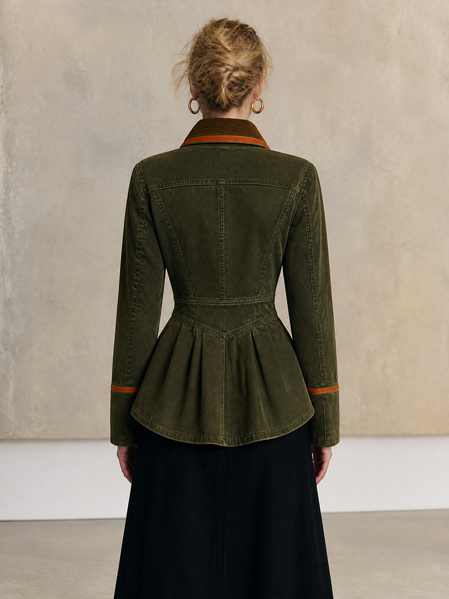 Olive Washed Peplum Utility Jacket With Corduroy Shawl Collar