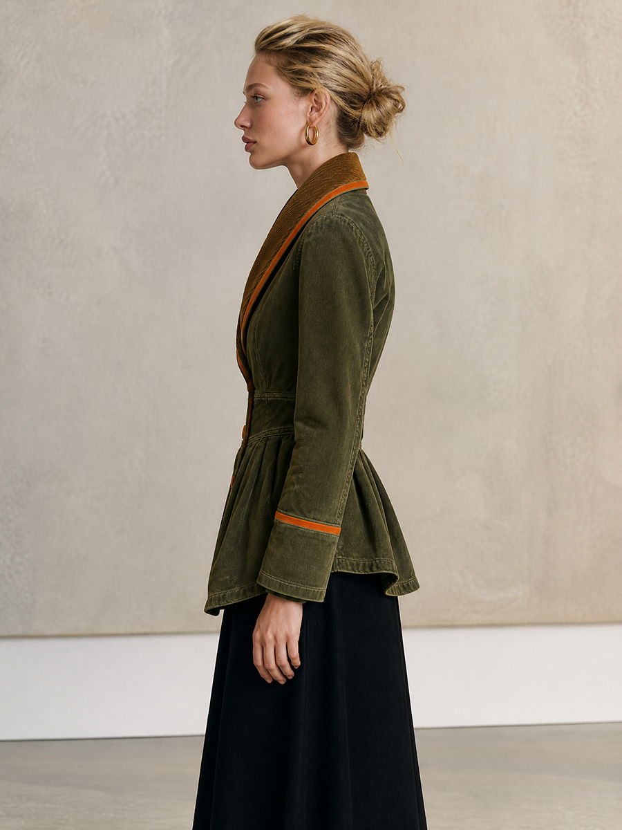 Olive Washed Peplum Utility Jacket With Corduroy Shawl Collar