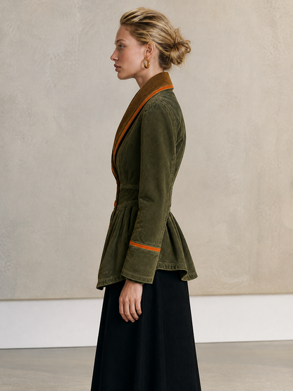 Olive Washed Peplum Utility Jacket With Corduroy Shawl Collar