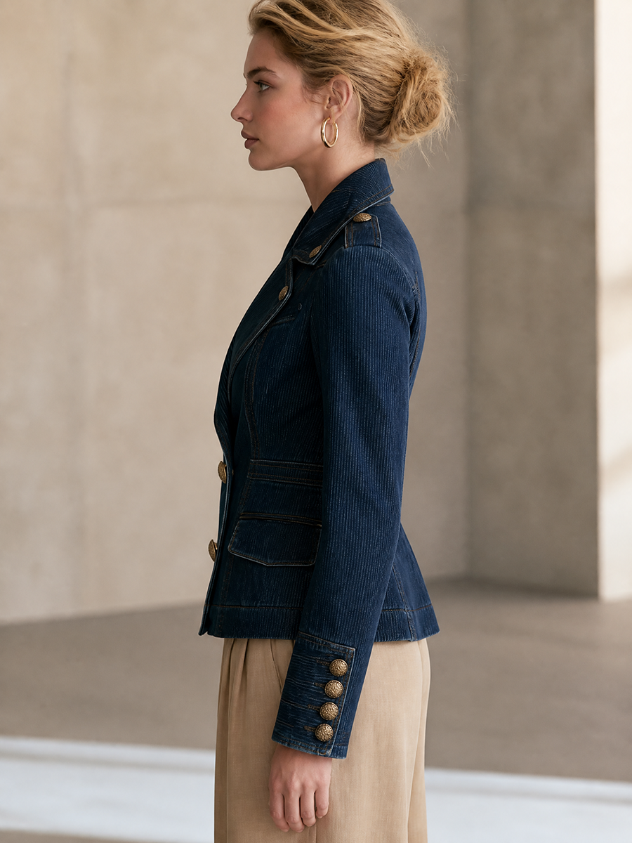 Women’s Dark Wash Denim Blazer With Gold Buttons