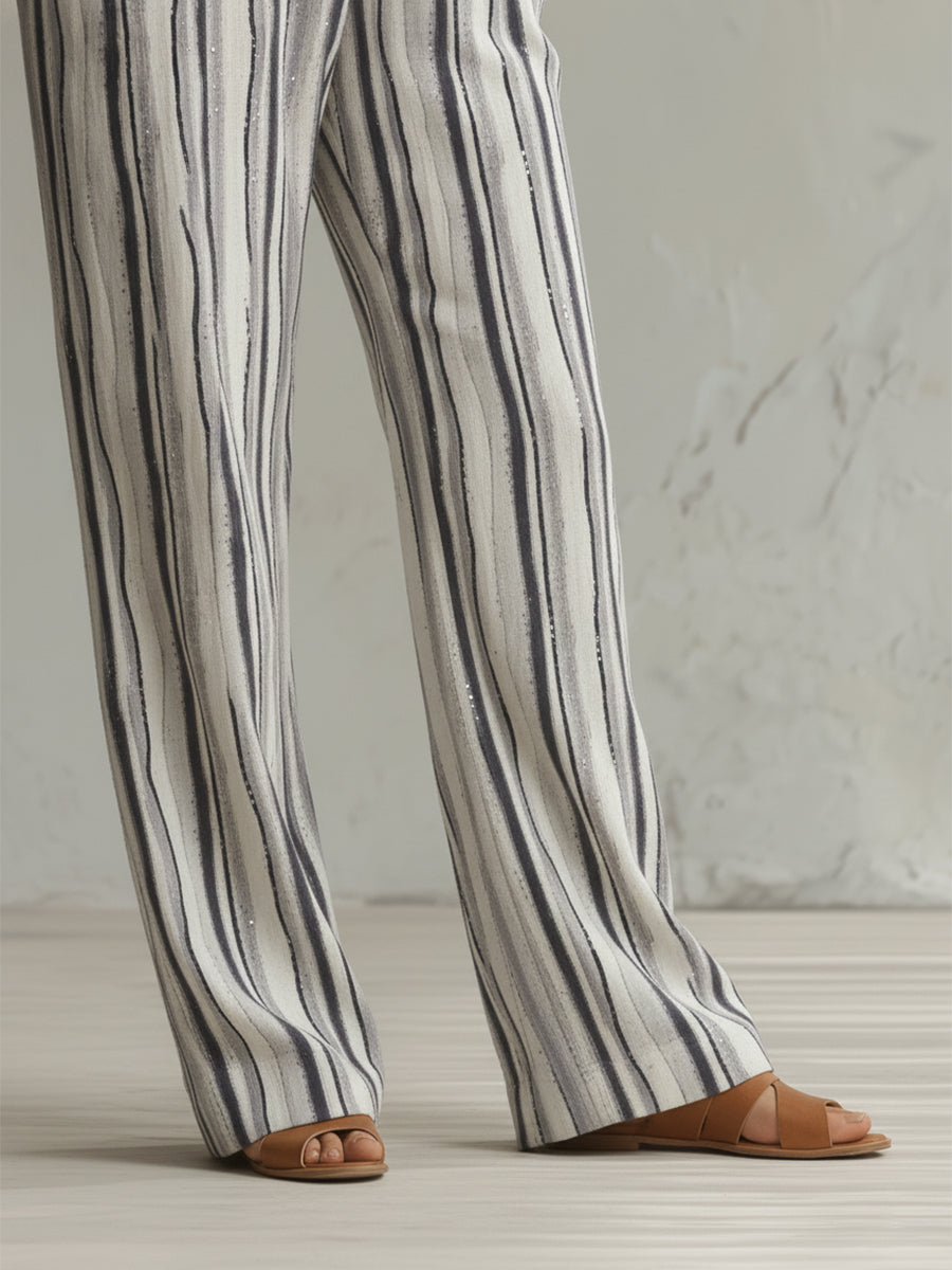Elegant And Casual Cotton And Linen Off-white Shirt And Striped Wide-leg Pants Set