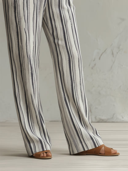 Elegant And Casual Cotton And Linen Off-white Shirt And Striped Wide-leg Pants Set