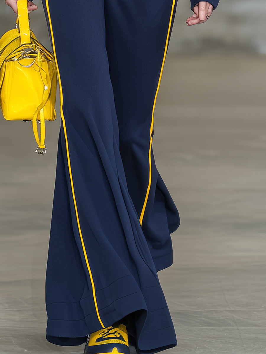 Casual Blue Hooded Top With Yellow Webbing Trim And Flared Trousers Set