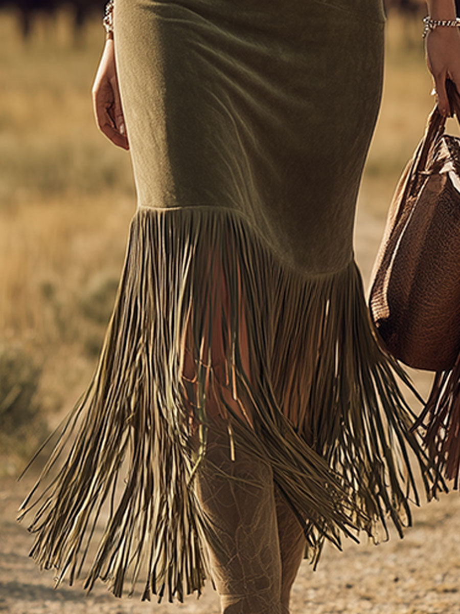 Western Retro Tassel Green Suede Midi Dress