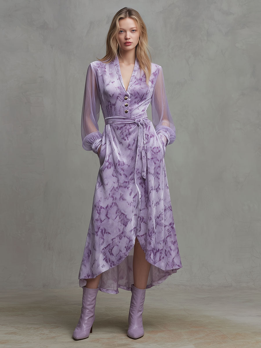 Fashionable Retro Mesh Long-sleeved Light Purple Velvet Snakeskin Maxi Dress