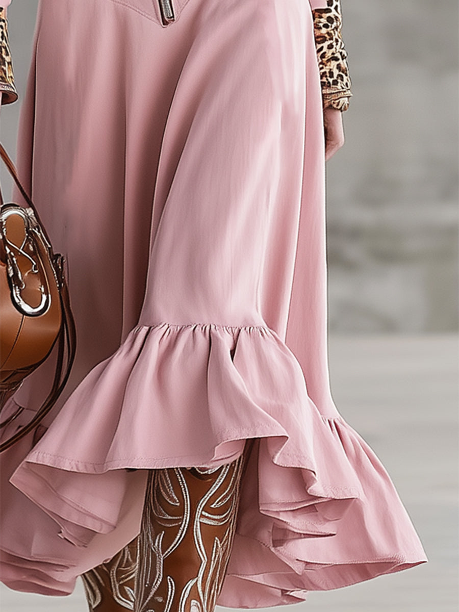 Fashionable Pink Hooded Patchwork Leopard Print Flared Skirt Maxi Dress