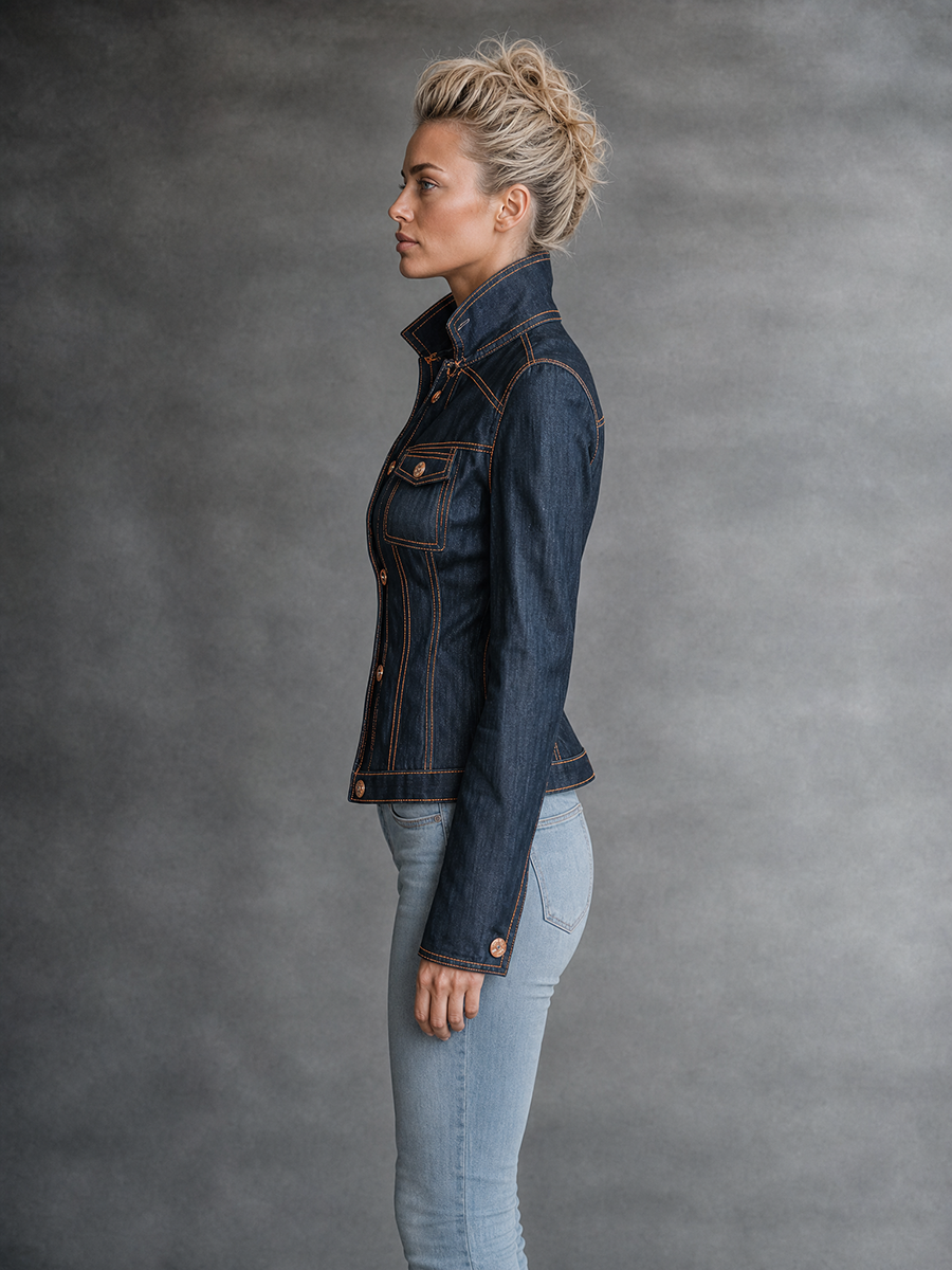 Women’s Fitted Dark Wash Denim Jacket With Orange Contrast Stitching