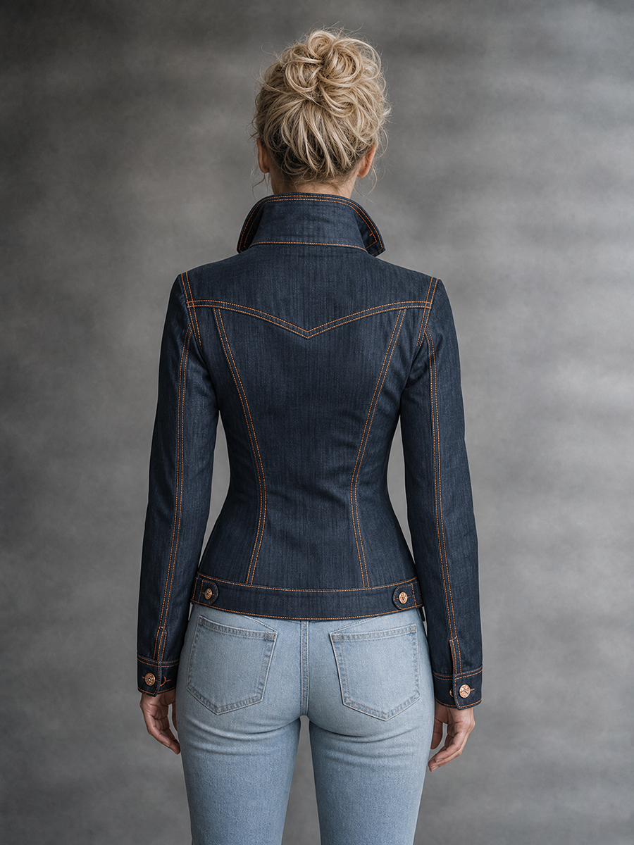 Women’s Fitted Dark Wash Denim Jacket With Orange Contrast Stitching