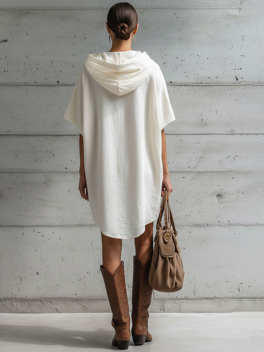 Casual Retro White Cotton Linen Short-sleeved Hooded Mini Dress