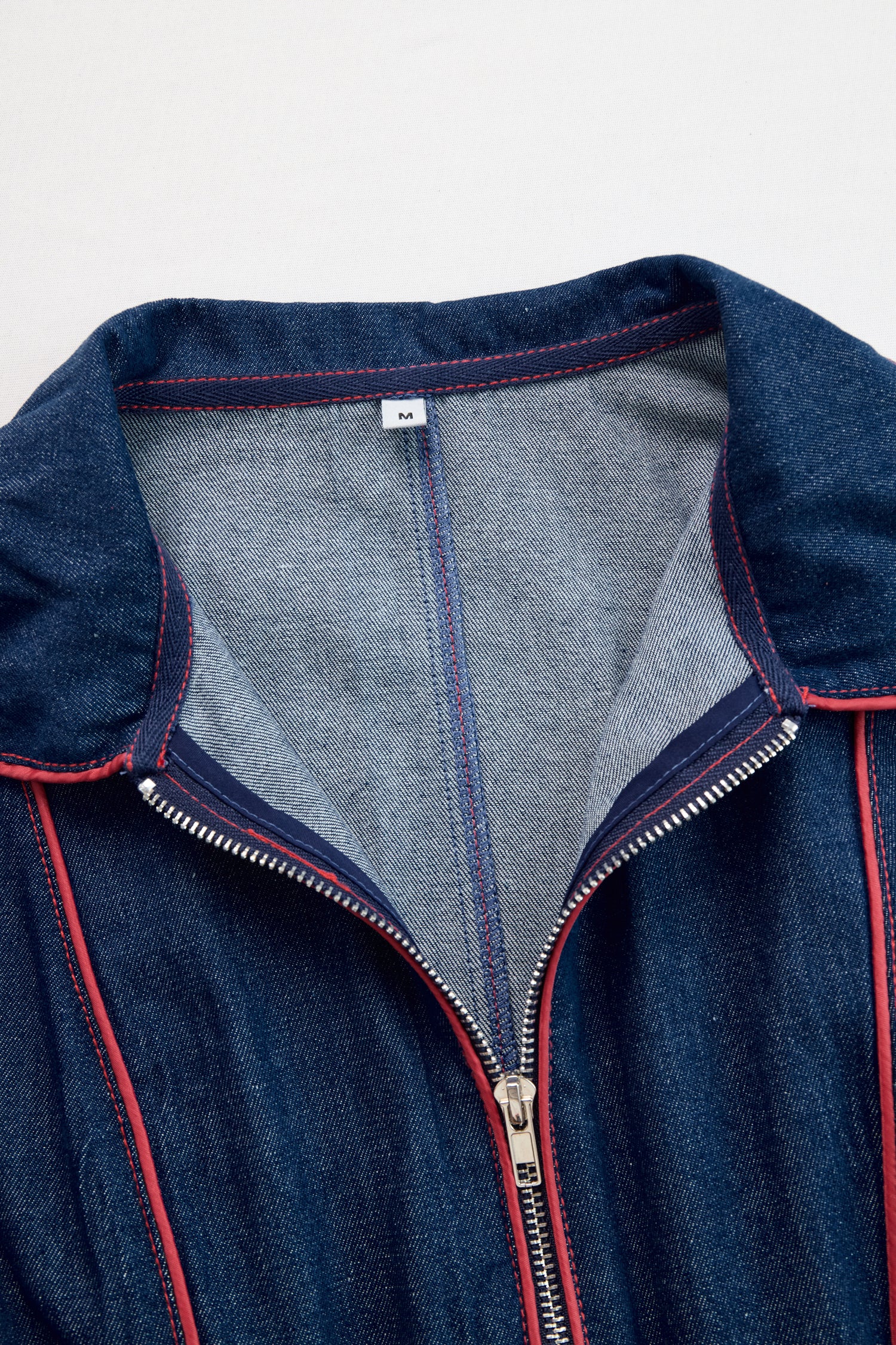 Casual Loose Retro Red Topstitched Denim Wide Leg Long Sleeve Jumpsuit