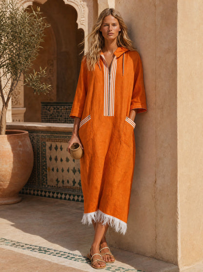 Casual Retro Tassel Orange Hooded Three-quarter Sleeve Cotton Linen Midi Dress