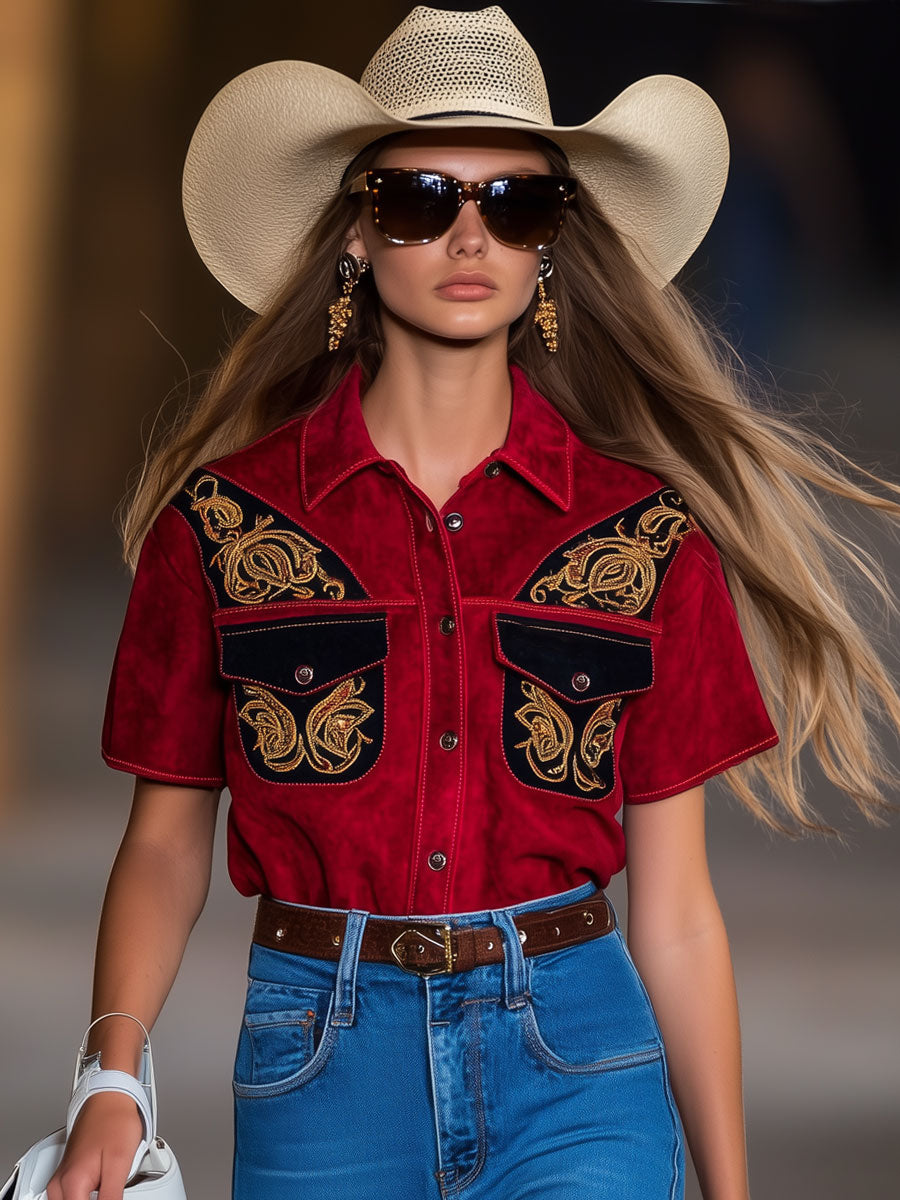 Casual Loose Retro Red and Black Suede Ethnic Embroidery Short Sleeve Shirt