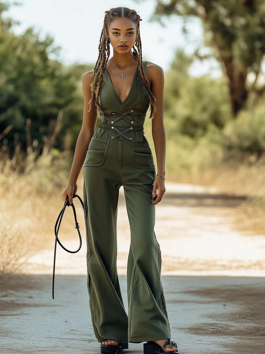 Casual Retro Army Green Denim V-Neck Tie Sleeveless Wide-Leg Jumpsuit