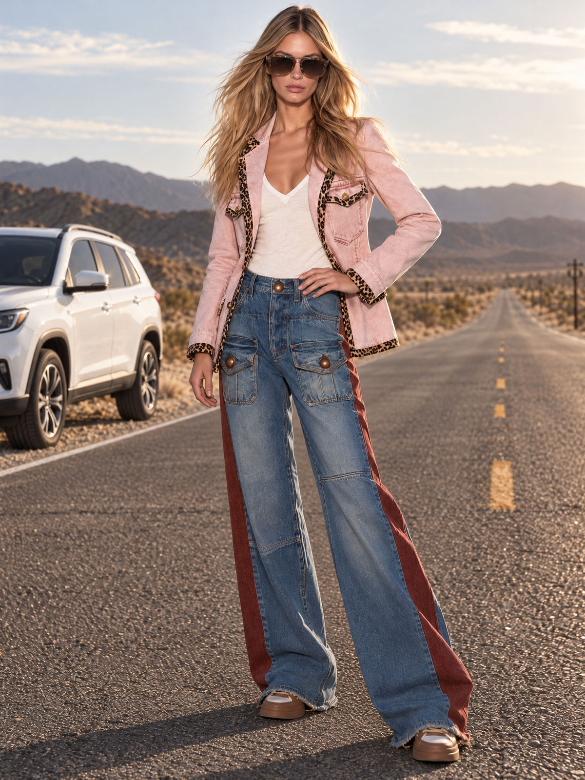 Casual Retro Faded Red And Blue Workwear Jeans