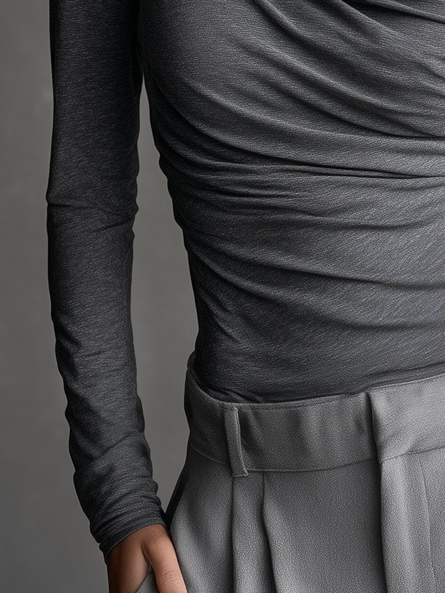 Elegant High-quality One-shoulder Cowl Neck Long-sleeved T-shirt