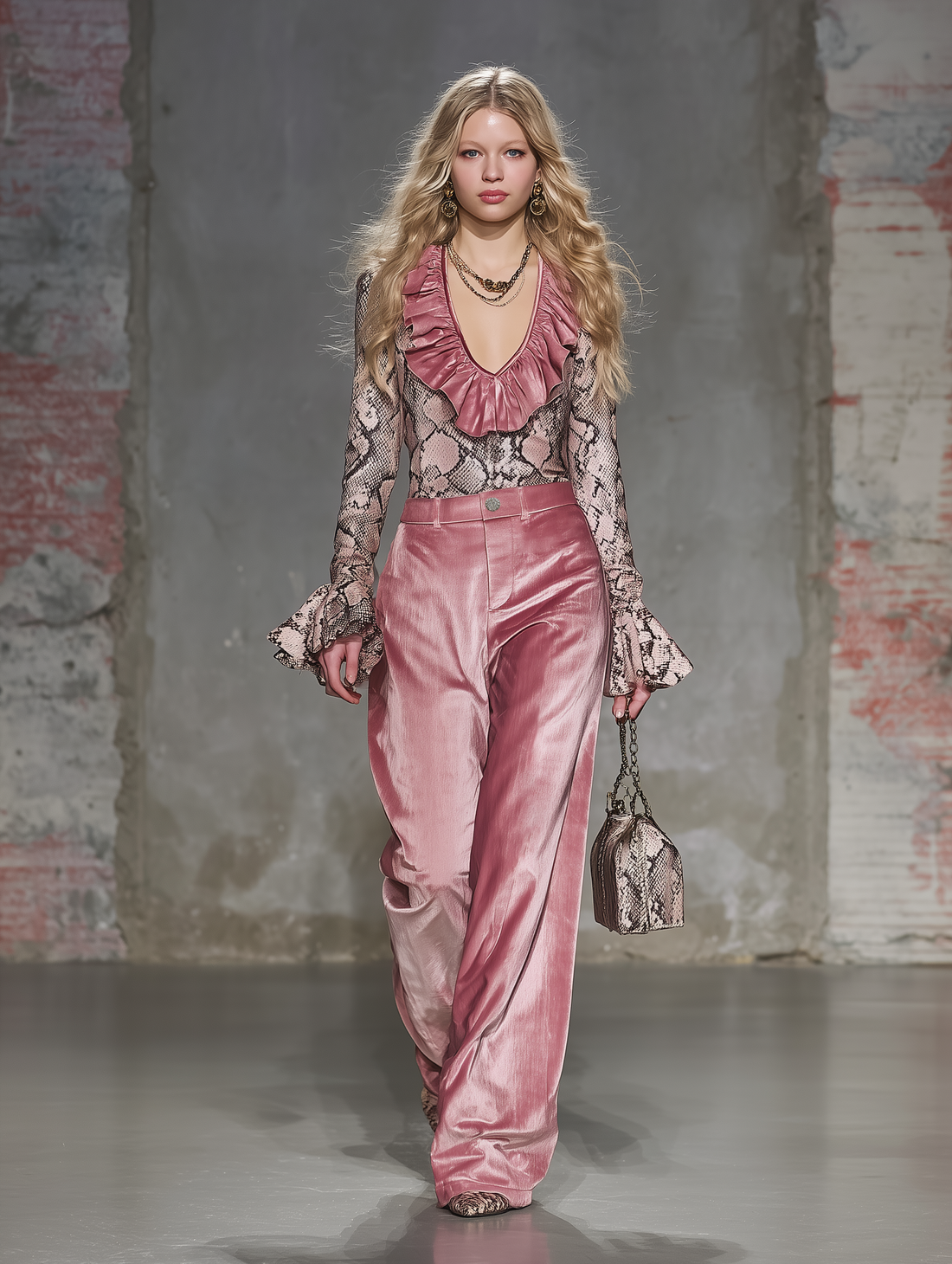 Retro Western-style Snake Print V-neck Ruffled Pink Velvet Top And Wide-leg Pants Set
