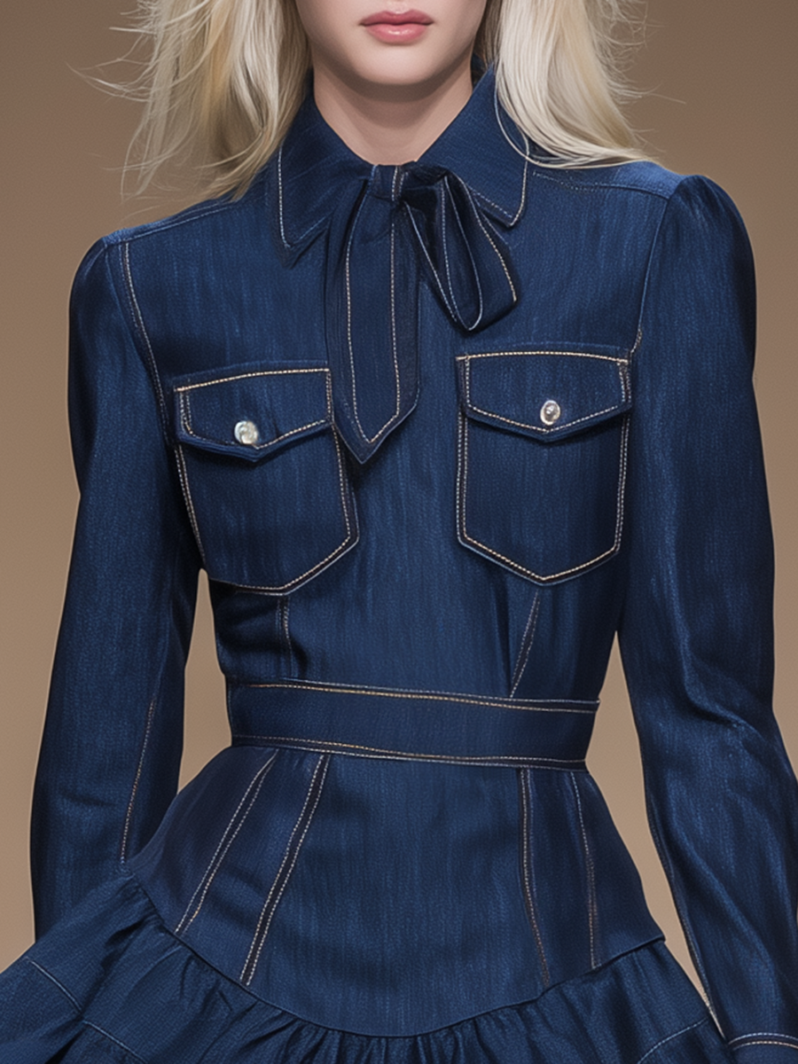 Fashionable Retro Ruffled Denim Mini Dress