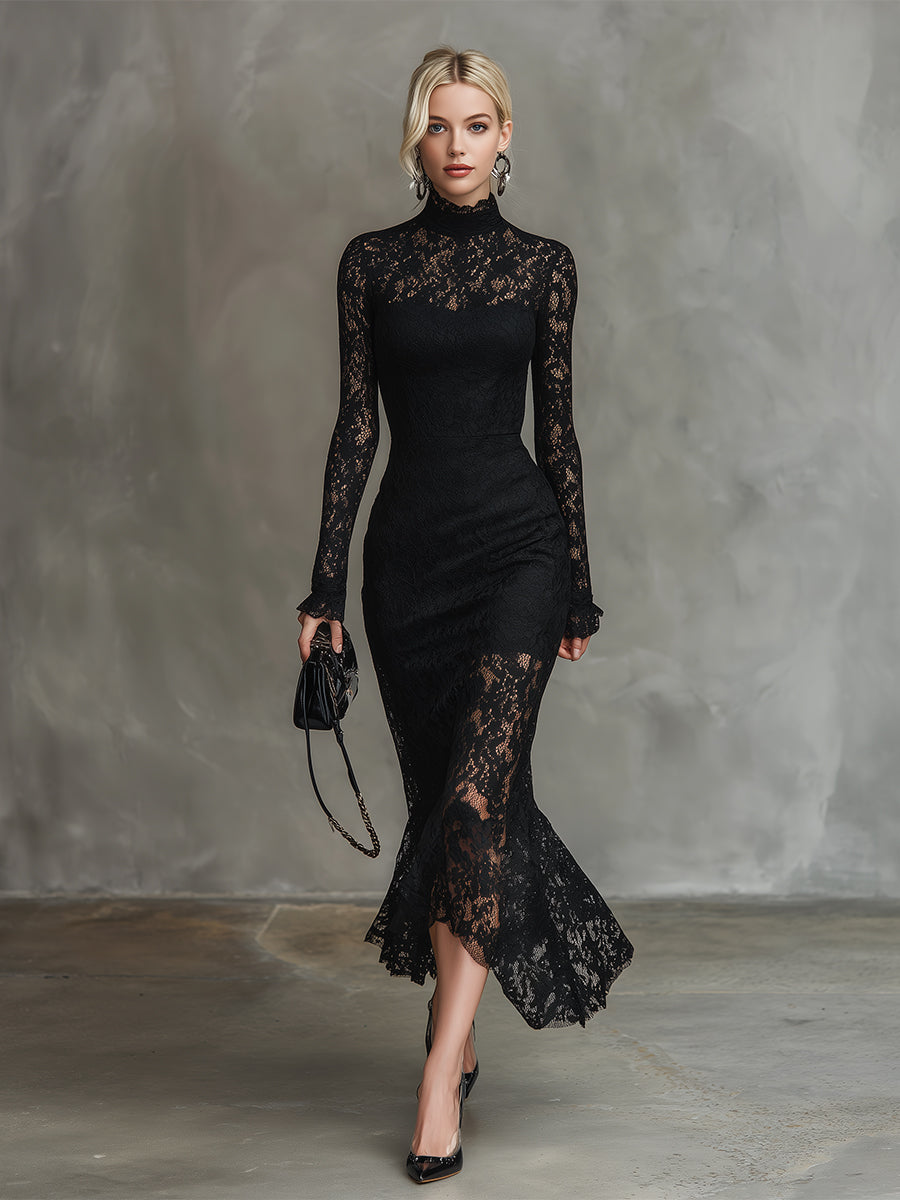 long sleeve midi fishtail dress Fall Spring Women Evening Dress Long Sleeves Slim Fit Pure Color Fishtail Hem Velvet V Neck Prom Cocktail Party Midi Dress