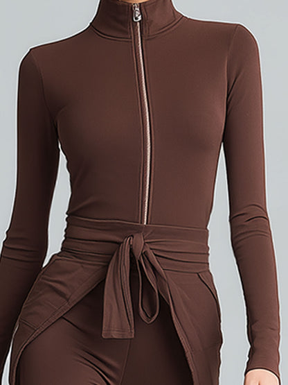 A Casual And Comfortable Brown Stand-collar Zip-up Top And Trousers Set