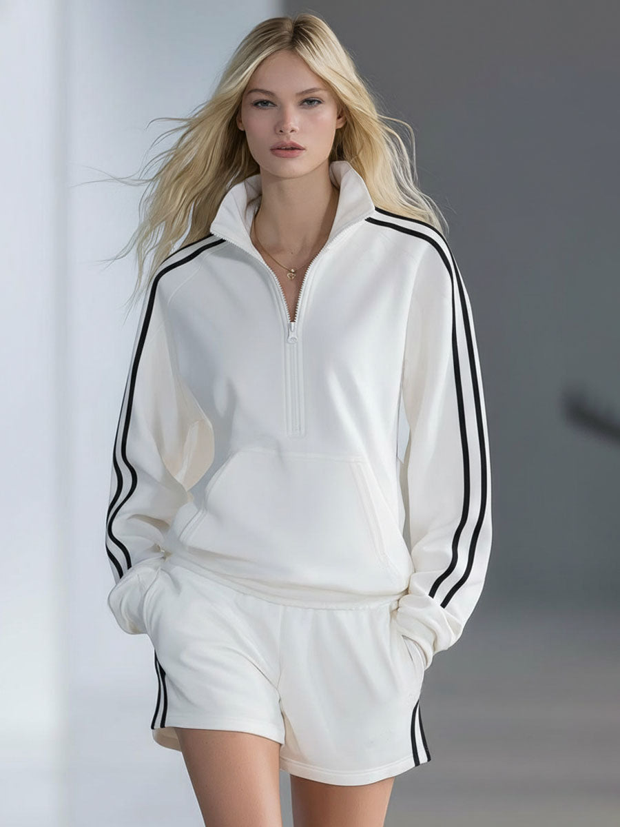 Stand-collar Zip-up Color-blocked Long-sleeved Top And Shorts Set