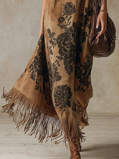Retro-style Printed Khaki Faux Suede Fringes Sleeveless Maxi Dress