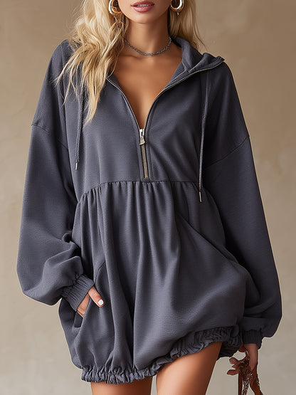 Casual Loose-fitting Zipper Gray Hooded Mini Dress