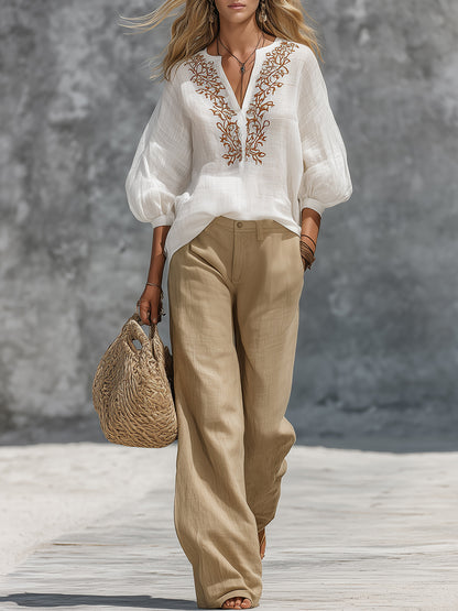 Retro And Relaxed Style Embroidered Top And Wide-leg Pants Set