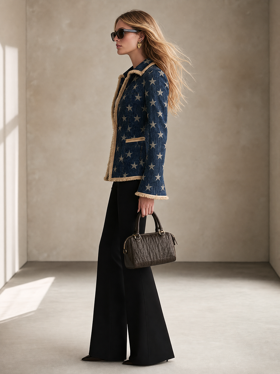Women’s Star Print Fringe Denim Blazer Western Statement Jacket