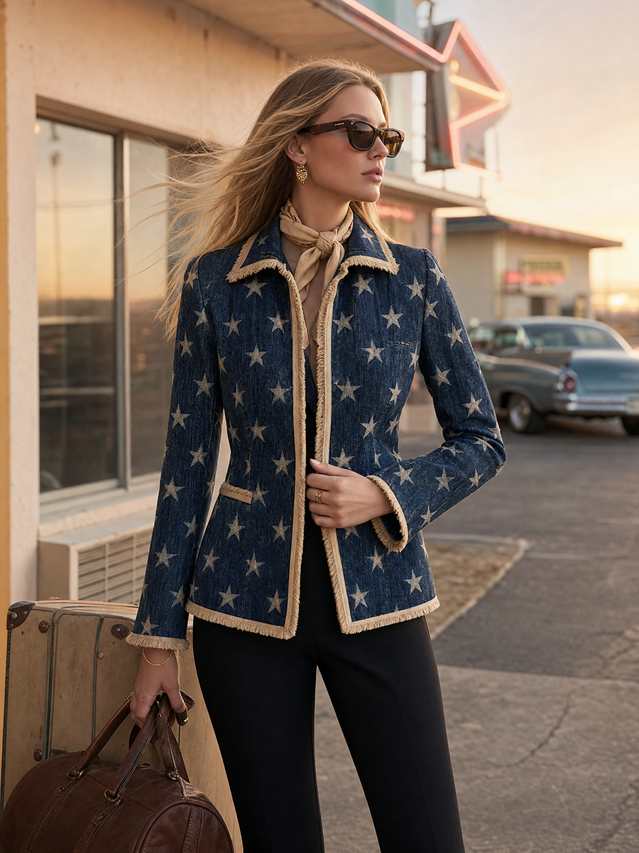Women’s Star Print Fringe Denim Blazer Western Statement Jacket