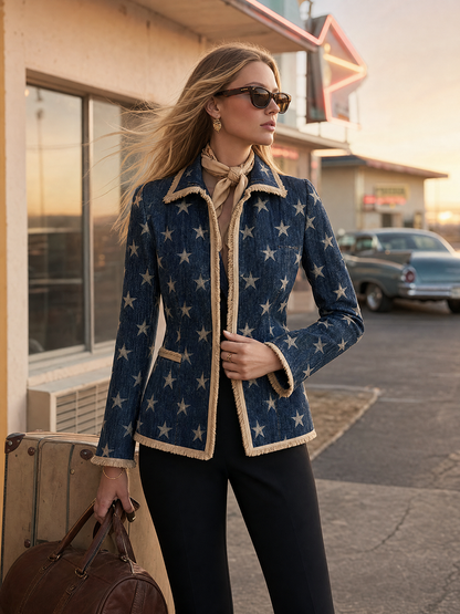 Women’s Star Print Fringe Denim Blazer Western Statement Jacket