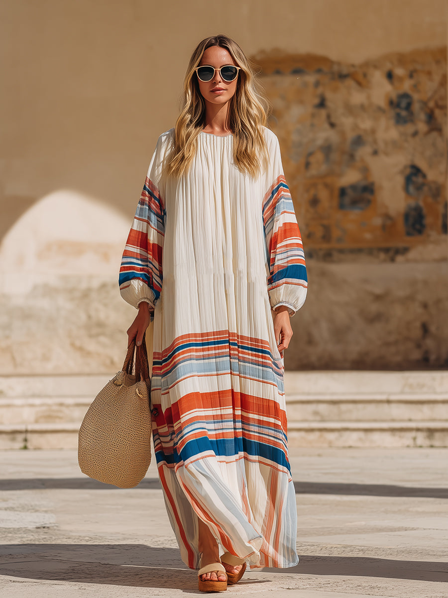 Retro Color-blocked Striped Print Off-white Chiffon Loose-fitting Long-sleeved Maxi Dress