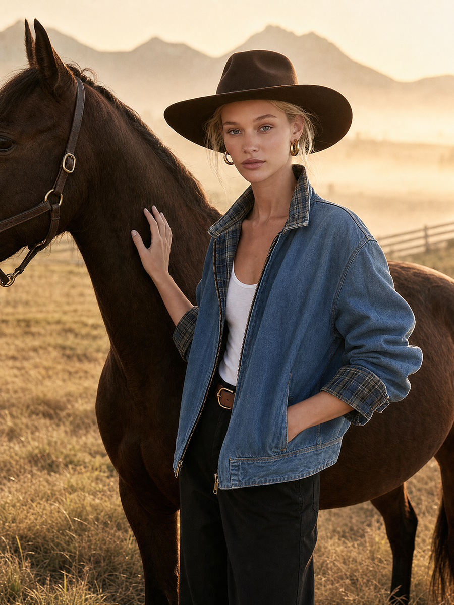 Women’s Vintage Wash Denim Bomber Jacket With Plaid Collar
