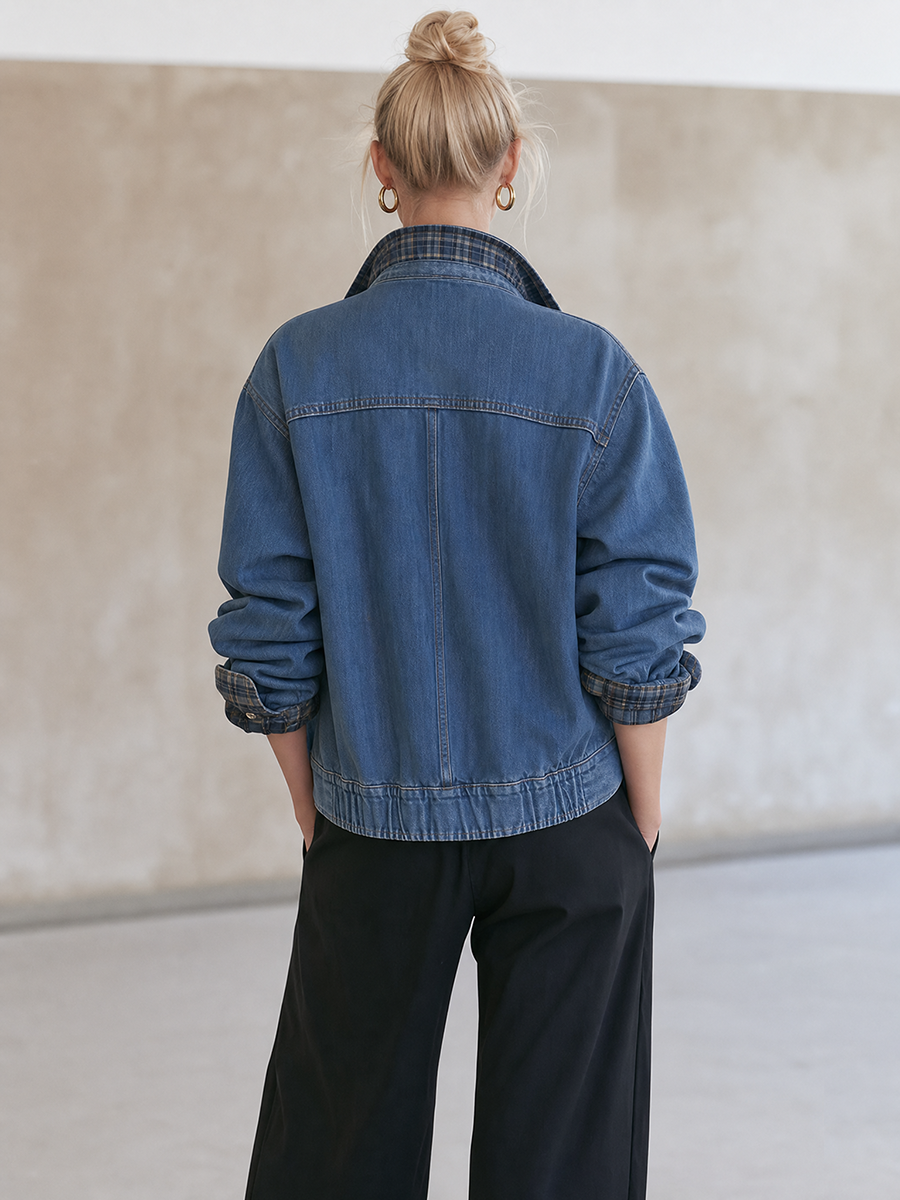 Women’s Vintage Wash Denim Bomber Jacket With Plaid Collar