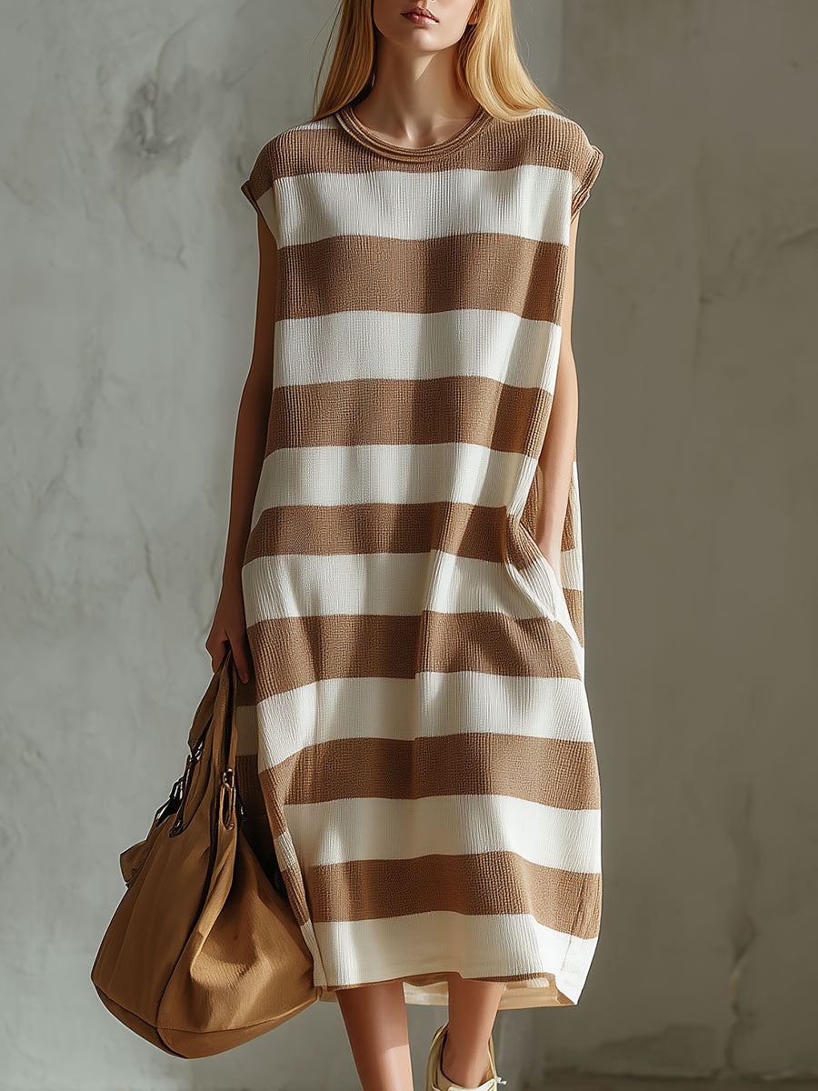 Casual Retro Brown And White Striped Sleeveless Knit Midi Dress