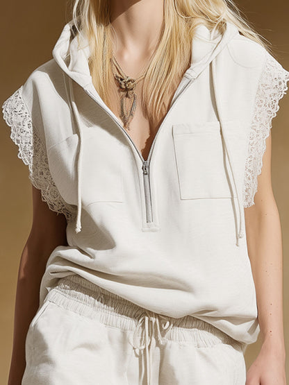Hooded Zippered Lace-trimmed Double-pocket Sleeveless Short Suit Set