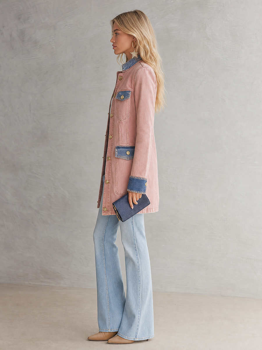 Women’s Blush Pink Denim Military Jacket With Contrast Blue Trim