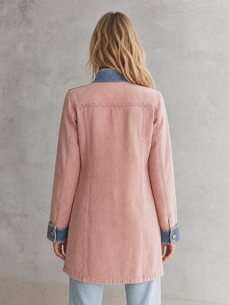 Women’s Blush Pink Denim Military Jacket With Contrast Blue Trim