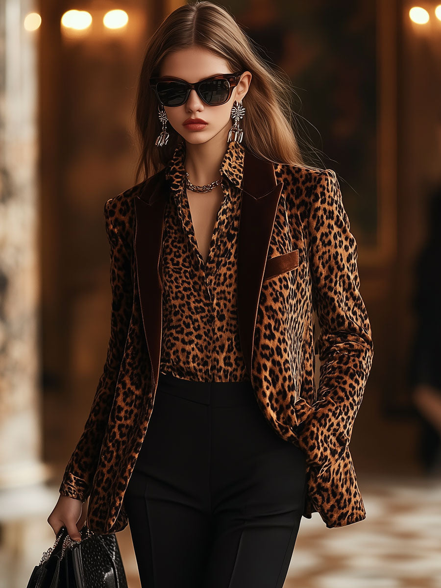 【24-hour shipping】Casual Loose Retro Velvet Leopard Print Lapel Blazer