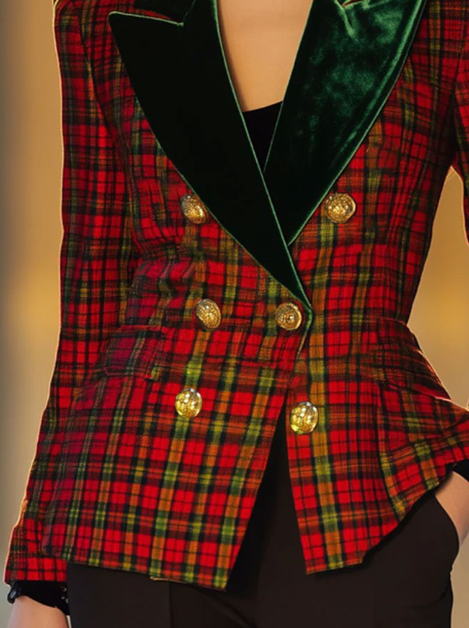 Casual Retro Woolen Red And Green Plaid Velvet Lapel Double-Breasted Blazer