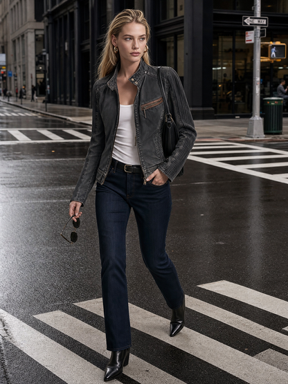 Women’s Vintage Black Grey Washed Denim Moto Jacket