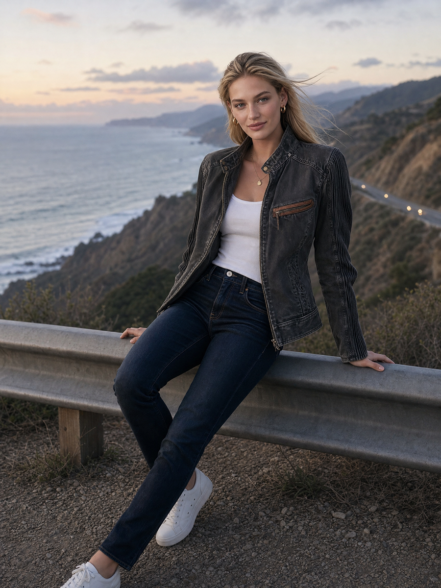 Women’s Vintage Black Grey Washed Denim Moto Jacket