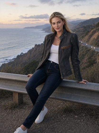 Women’s Vintage Black Grey Washed Denim Moto Jacket
