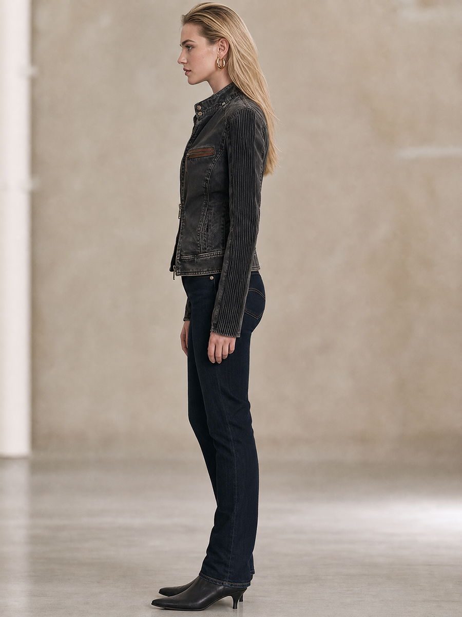 Women’s Vintage Black Grey Washed Denim Moto Jacket